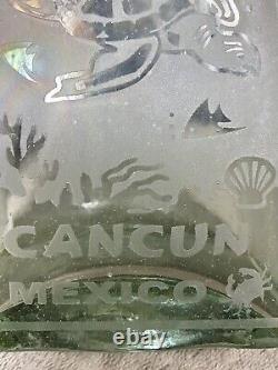 Empty Tequila Liquor Bottle Pewter Lid Engraved Sea Turtle Cancun Mexico 7.5H