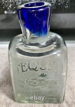 Empty Tequila Liquor Bottle Pewter Lid Engraved Sea Turtle Cancun Mexico 7.5H