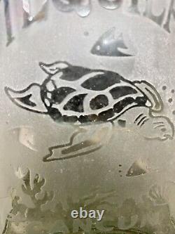 Empty Tequila Liquor Bottle Pewter Lid Engraved Sea Turtle Cancun Mexico 7.5H