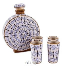 Hand-Painted Tequila Azteca Mexico Decanter Set 5-Piece Artisan Pottery Birds