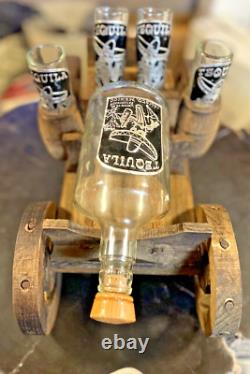 Handblown Mexican Shot Glass and Tequila Set Wooden Wagon Decanter Solid Wood