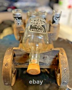 Handblown Mexican Shot Glass and Tequila Set Wooden Wagon Decanter Solid Wood