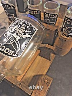 Handblown Mexican Shot Glass and Tequila Set Wooden Wagon Decanter Solid Wood