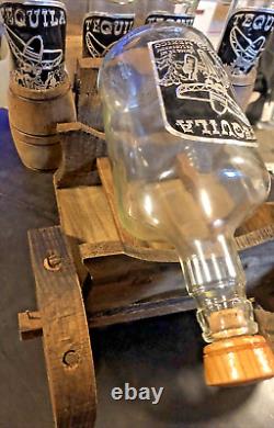 Handblown Mexican Shot Glass and Tequila Set Wooden Wagon Decanter Solid Wood