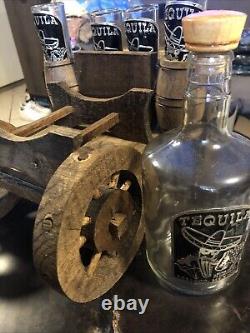 Handblown Mexican Shot Glass and Tequila Set Wooden Wagon Decanter Solid Wood