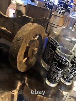 Handblown Mexican Shot Glass and Tequila Set Wooden Wagon Decanter Solid Wood