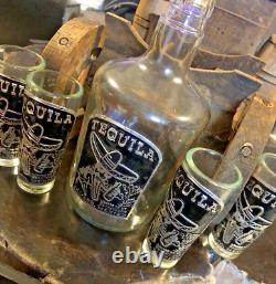 Handblown Mexican Shot Glass and Tequila Set Wooden Wagon Decanter Solid Wood