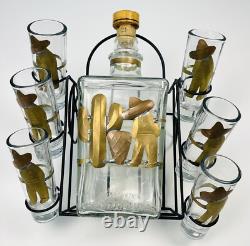 Handmade Herradura Tequila DECANTER & 6 SHOT GLASS SET in Rack with Metal Accents