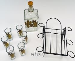 Handmade Herradura Tequila DECANTER & 6 SHOT GLASS SET in Rack with Metal Accents