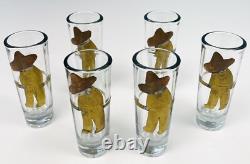 Handmade Herradura Tequila DECANTER & 6 SHOT GLASS SET in Rack with Metal Accents