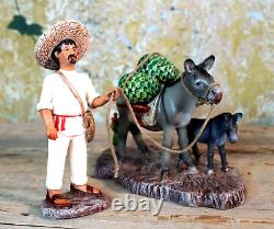 Jimador & Donkey Harvesting Agave Tequila Mescal Handmade Clay Mexican Folk Art