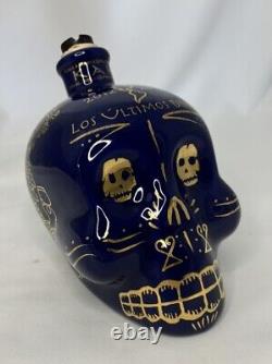 KAH Tequila 750ml Skull Day of the Dead #2522/18000 Gold Blue Hand Painted