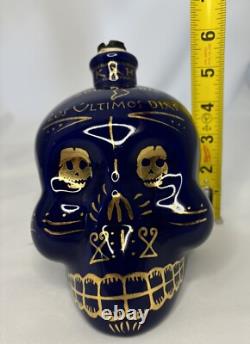 KAH Tequila 750ml Skull Day of the Dead #2522/18000 Gold Blue Hand Painted