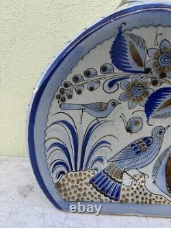 Large Rounded Tequila Jug Hand Painted in Mexico FLORERO HERRADURA GRANDE Blue