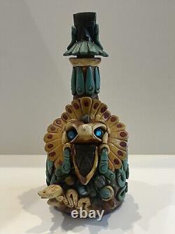 Mexican Aztec Folk Art Clay Work & Stone Medicine Man Tequila Bottle W Stopper