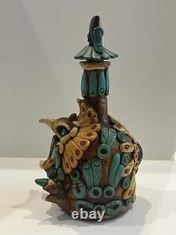 Mexican Aztec Folk Art Clay Work & Stone Medicine Man Tequila Bottle W Stopper