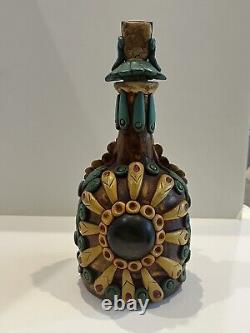 Mexican Aztec Folk Art Clay Work & Stone Medicine Man Tequila Bottle W Stopper