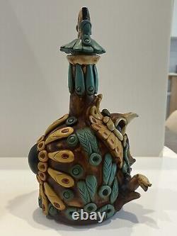 Mexican Aztec Folk Art Clay Work & Stone Medicine Man Tequila Bottle W Stopper