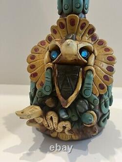 Mexican Aztec Folk Art Clay Work & Stone Medicine Man Tequila Bottle W Stopper