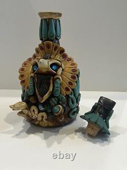 Mexican Aztec Folk Art Clay Work & Stone Medicine Man Tequila Bottle W Stopper