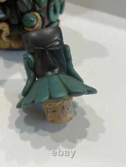 Mexican Aztec Folk Art Clay Work & Stone Medicine Man Tequila Bottle W Stopper