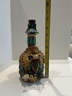 Mexican Aztec Folk Art Clay Work & Stone Medicine Man Tequila Bottle W Stopper