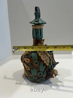 Mexican Aztec Folk Art Clay Work & Stone Medicine Man Tequila Bottle W Stopper