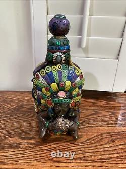Mexican Aztec Mayan Folk Art Figural Tequila Bottle Medicine Man Feathers Snake