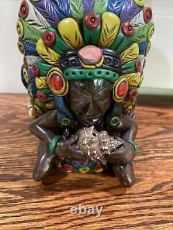 Mexican Aztec Mayan Folk Art Figural Tequila Bottle Medicine Man Feathers Snake