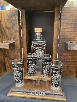 Mexican Barware Tequila Decanter & 4 Shot Glass Set Wood stand 13Tall