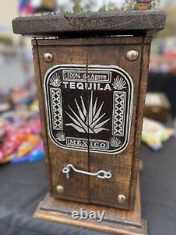 Mexican Barware Tequila Decanter & 4 Shot Glass Set Wood stand 13Tall
