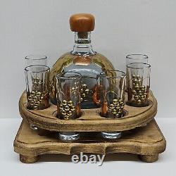 Mexican Barware Tequila Decanter 6 Shot Glass Set Wood Base Copper Brass