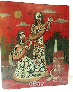 Mexican Folk Art Valez Painted Tin Metal Retablo Catrina Tequila Day of Dead 12