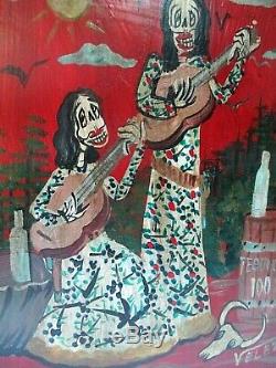 Mexican Folk Art Valez Painted Tin Metal Retablo Catrina Tequila Day of Dead 12