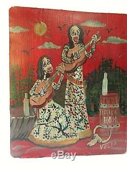 Mexican Folk Art Valez Painted Tin Metal Retablo Catrina Tequila Day of Dead 12