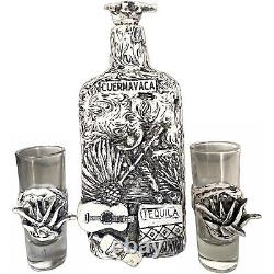 Mexican Set Of White Artisanal Tequila Bottle And Shot Glass Handmade In Mexico