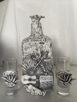 Mexican Set Of White Artisanal Tequila Bottle And Shot Glass Handmade In Mexico