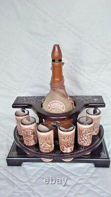 Mexican leather Western Barware Tequila Cow Bull Decanter 6 Shot Glass Set wood