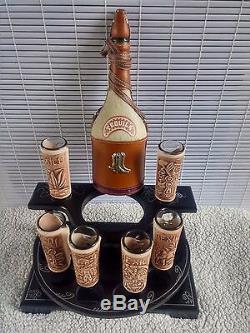 Mexican leather Western Barware Tequila Cow Bull Decanter 6 Shot Glass Set wood