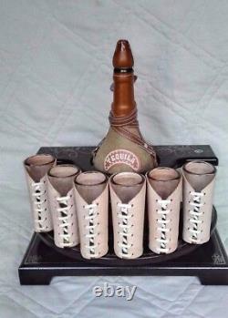 Mexican leather Western Barware Tequila Cow Bull Decanter 6 Shot Glass Set wood