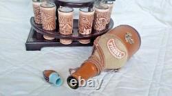 Mexican leather Western Barware Tequila Cow Bull Decanter 6 Shot Glass Set wood
