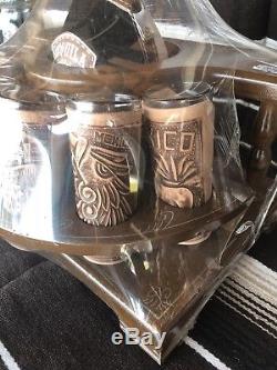 Mexican leather Western Barware Tequila Decanter 6 Shot Glass Set wood