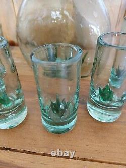 Mexico Blown Glass Tequila Agave Shot Set of 6 And Decanter RARE