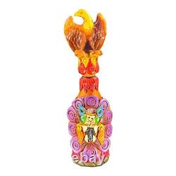 Mexico Folk Art Hand Made Textured Colorful Tequila Bottle Decanter Bottle W Lid
