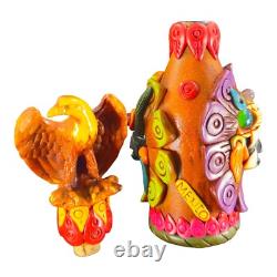 Mexico Folk Art Hand Made Textured Colorful Tequila Bottle Decanter Bottle W Lid