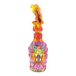 Mexico Folk Art Hand Made Textured Colorful Tequila Bottle Decanter Bottle W Lid