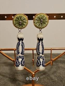 Mignonne Gavigan Signed Tequila Bottle/lime Embroidered Earrings