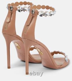 NEW Aquazzura strappy crystal Tequila 105 mm leather nude sandals, sz. 39.5 / 9.5