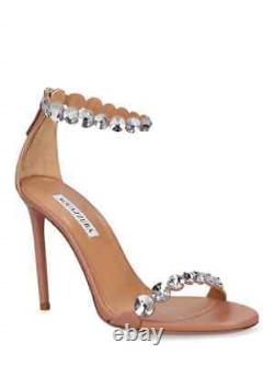 NEW Aquazzura strappy crystal Tequila 105 mm leather nude sandals, sz. 39.5 / 9.5