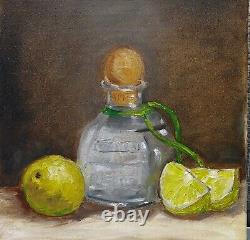 Oil original still life painting on canvas size 12x12 inches Tequila with lime